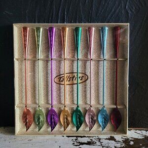 Vtg MCM Tallstirs Aluminum Cocktail Stirrers Multi-Colored Leaf Design Set Of 8